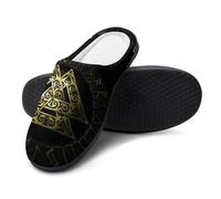 YUERYXH Nordic Interesting Viking Artistic Pattern Flat Slippers, Men's Warm Furry Home Cotton Closed Toe Slippers, Classic Rubber Sole Slippers/Non-slip(Valknut1,11-12(44-45))