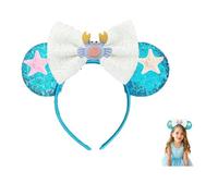 YUESE Mermaid Headband - Blue Sequin Ears with White Bow & Crab Starfish Decor, Cute Hair Accessories for Girls & Women, Theme Park & Birthday Party Cosplay