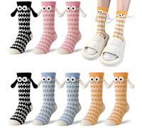 Yueser Holding Hands Socks, 4 Pairs Funny Novelty Funky Socks Big Eyes Colorful Stockings 3D Doll Magnetic Hand In Hand Friendship Couple Valentines Gifts Birthday Gifts for Lovers Friends Sisters