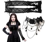Yueser Lace Gloves, Black Lace Gloves for Women and Gothic Necklace Fishnet Gloves Long Black Gloves Black Gloves Costume Fishnet Sleeves Mesh Gloves Choker Necklaces for Women Tattoo Choker Vampire