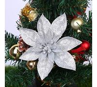 Yueshop 10 Pcs Glitter Christmas Flowers with Artificial Poinsettia, Christmas Tree Flower Decorations Xmas Tree Ornaments (Silver, 15CM)