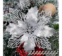 Yueshop 10Pcs Christmas Glitter Poinsettia Large Flowers 16CM Christmas Flowers Decor Ornament Artificial Glitter Poinsettia Christmas Tree Ornaments Decorative Flowers(Silver)