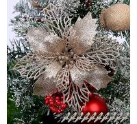 Yueshop 10Pcs Large Glitter Poinsettia 16CM Christmas Flowers Decor Ornament - Artificial Tree Ornaments Decorative (Champagne)