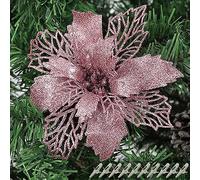 Yueshop 10Pcs Large Glitter Poinsettia 16CM Christmas Flowers Decor Ornament - Artificial Tree Ornaments Decorative (Rose Gold)