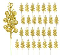 Yueshop 30 PCS Christmas Artificial Berries Stems, Christmas Tree Decorations Gold Berry Stems Glitter Berries Branches Christmas Tree Picks for Wreath Wedding Party DIY Crafts Xmas Tree Decoration