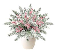 Yueshop 30PCS Christmas Artificial Snowy Cypress Pine Branches with Red Frosted Berry Stems, Fake Pine Picks Red Holly Berry Cypress Leaves Stems for DIY Xmas Garland Wreath Home Decor