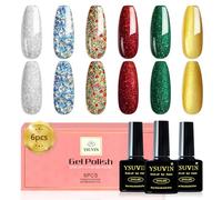 Yueshop 6PCS Christmas Sparkle Gel Nail Polish Kit, Glitter Green Red Silver Gold Diamond Silver Gel Varnish Soak off UV LED Lamp Nail Art Manicure Set for Women DIY at Home(6x8ml)