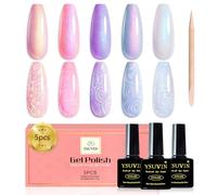 Yueshop Pearl Gel Nail Polish,5 Colors Shimmer Iridescent Mermaid Pink Dark Purple Cyan White Gel Polish Soak Off UV/LED Nail Polish Set with a Stick,Shell Swirl Thread Effect,8ML
