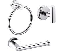 YUET Bathroom Hardware Accessories Set - SUS 304 Stainless Steel Brushed Wall Mounted Rack, Towel Ring Bar + Toilet Paper Roll Holder + Robe Hook, Bath Accessory Hooks (Chrome)