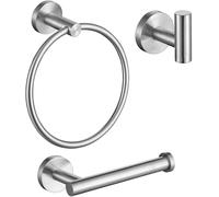 YUET Bathroom Hardware Accessories Set - SUS 304 Stainless Steel Brushed Wall Mounted Rack, Towel Ring Bar + Toilet Paper Roll Holder + Robe Hook, Bath Accessory Hooks (Brush Silver)