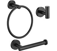 YUET Bathroom Hardware Accessories Set - SUS 304 Stainless Steel Brushed Wall Mounted Rack, Towel Ring Bar + Toilet Paper Roll Holder + Robe Hook, Bath Accessory Hooks (Black)