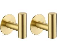 YUET Brushed Brass 2 Pcs Bathroom Towel Hook Self Adhesive,Stick on Metal Coat Hooks Robe Hooks SUS 304 Stainless Steel Heavy Duty Door Hanger Clothes Closet Holder No Drill for Bathroom Hotel Gold