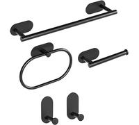 YUET Matte Black Bathroom Accessories Set - Toilet Paper Holder, 5 Piece 304 Stainless Steel Hardware Kit Including 16" Towel Rail Bar, Toilet Roll Holder, Towel Ring, and Robe Towel Hooks (Black)