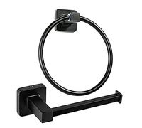 YUET Matte Black Square Bathroom Toilet Roll Paper Holders Tissue Holder & Towel Ring Bar Accessories 2 Pieces Stainless Steel Hardware Set (Black)