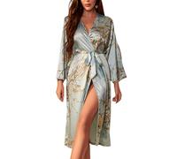 Yuetide Womens Kimono Robes Dressing Gowns Artificial Silk Bathrobe Soft Wedding Loungewear Long Sleeve Sleepwear Light Green M