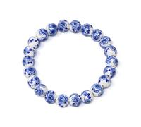 yueton 1 Pack Chinese Style Celadon Bracelet Vintage Blue and White Porcelain Beads Bracelet Blue Flower Ceramics Wrist Bracelet for Women