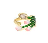 yueton 1 Pack Creative Tulip Flower Adjustable Open Ring Cute Enamel Floral Leaf Alloy Finger Rings Fashion Women Jewelry for Party Prom Dating Daily Life