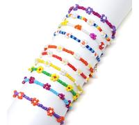 yueton 10PCS Colorful Flower Rice Bead Adjustable Bracelet Boho Daisy Bead Bracelet Set Cute Handmade Bead Bracelets for Women Beach Summer