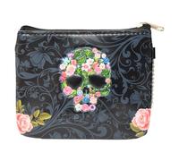 yueton 1Pack Vintage Skull Coin Purse with Zipper Rose Skull Small Wallet Mini Black Skull Cosmetic Bag for Women Girls, Black, Vintage