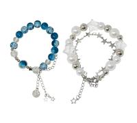 yueton 2 Pack Y2K Imitation Pearls Star Double Layer Chain Bracelet Blue Glass Beads Bracelet Friendship Jewelry for Women