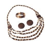 yueton Boho Wood Bead Jewelry Set - Multi-Layer Brown and Beige Beaded Necklace, Stretch Bracelet, Large Drop Earrings for Women