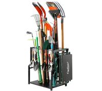 YueTong Garden Tool Organizer Heavy Duty,Yard Tool Tower Rack,Garage Storage Organization for Long Handle Tools,Rake,Brooms,Extra Hooks for Small Shovel,Shear,Kneeling Stool.All Metal&Black