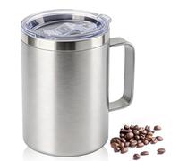 YueXing 16oz Black Insulated Coffee Mug with Handle, Leakproof Double Wall Stainless Steel Travel Mug with Sliding & Straw Lid, Dishwasher Safe for Camping Commuting Hot Cold Drinks (Silvery)