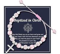 YUEXNKO Cross Rosary Bracelet, Cross Bracelet Christening Gifts, Christening Rosary Bracelet for Girls, Includes Bead Bracelet with Cross Religious Congratulations Card, Communion Gifts for Girls,