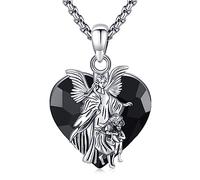 YueYuan Guardian Angel Necklace 925 Sterling Silver Angel Pendant Black Heart Crystal Necklace Catholic Guardian Angel Jewellery Gift for Men Women