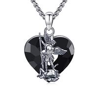 YueYuan St Michael Necklace 925 Sterling Silver Saint Michael Pendant Archangel Michael Medal Heart Crystal Pendant Religious Christian Jewellery Gift for Men Women