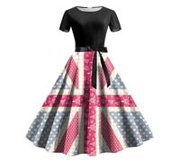 YueYue Bohemian Dresses for Women UK Ladie Canadian Independence Day Drawstring Zipper Round Neck Short Sleeved Long Dress Casual Dress (S) Pink