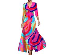 YUEZHAN Dresses For Women Dress Cross V Neck Sleeves Dress Colorful Print Big Swing Slim Waist Dating Banquet Long Dress L Multicolor