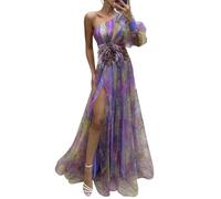 YUEZHAN Dresses For Women Evening Dress One Shoulder Tie-Dye Flower Print Dress Mesh Bubble Sleeve Floor Length Split Hem Ball Gown M Purple
