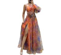 YUEZHAN Dresses For Women Evening Dress One Shoulder Tie-Dye Flower Print Dress Mesh Bubble Sleeve Floor Length Split Hem Ball Gown L Orange