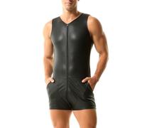 YUFEIDA Men's Faux Leather Undershirts One Piece Bodysuit Leotard Jumpsuits Wrestling Singlets Party Club Casual Onesies Shapewear Zipper Pockets Sleeveless Wetlook Undershirts for Men Black