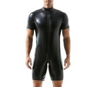 YUFEIDA Men's Faux Leather Undershirts One Piece Bodysuit Leotard Jumpsuits Wrestling Singlets Party Club Casual Onesies Shapewear Zipper Short Sleeve Wetlook Undershirts for Men