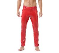 YUFEIDA Men's Leather Trousers Classic Wetlook Solid PU Leather Pants Zipper Pockets Slim Fit Pencil Pants Hot Legging Trousers for Motorcycle Cosplay Dance Stage Casual Bright Red