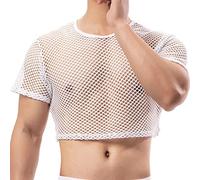 YUFEIDA Men's Sports Undershirts Fishnet Crop Top Mesh See Through Crops Half Tank Tops Novelty T-Shirts Undershirts for Men