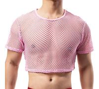 YUFEIDA Men's Sports Undershirts Fishnet Crop Top Mesh See Through Crops Half Tank Tops Novelty T-Shirts Undershirts for Men