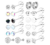 YUFFQOPC 12 Pairs Flat Back Earrings, Hypoallergenic Flat Back Earring for Women Men,Silver Steel Small Stud Hoop Earring Zirconia Opal Heart Cartilage Earrings Set for Multiple Piercings