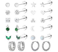 YUFFQOPC 12 Pairs Flat Back Earrings Sterling Silver, Hypoallergenic Surgical Steel Stud & Hoop Earrings Studs, Heart & Opal Stones, 24 Count, Push Back, Polished Finish