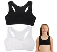 YUFFQOPC 2 Pcs Girls Sports Bras, Underwear Sports Training Bra First Bra for Girls 9-14 Years Seamless Sports Non Padded Bras Teenage Bras Cotton Crop Tops Sleep Bras for Girls in Yoga, White Black