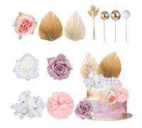 YUFFQOPC 32PCS Boho Cake Decorations, Artificial Flower, Palm Leaves Fan, Barley Dried Flower Bouquet, White and Gold Cake Balls for Birthday Cakes Decorations Wedding Party Home Decor