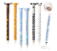 YUFFQOPC 6Pcs Erasable Pens with Thermosensitive Erase Black Ink, 0.5mm Rub Out Pen, Elk, Panda, Zebra, Elephant, Sika Deer, Monkey Animal Pens for Kids Adults School Stationery Office Supplies