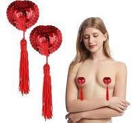 YUFFQOPC Red Nipple Covers Reusable Adhesive Nipple Tassels Burlesque Nipple Covers Sexy Shiny Sequin Heart-Shaped Breast Pasties Bra with Tassel for Couples Role Play Costume Party Accessory Red