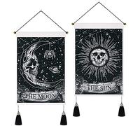 Yugarlibi Set of 2 Skeleton Small Tapestries with Tassels, Gothic Halloween Sun and Moon Wall Hanging, Black White Wall Art Tapestry for Bedroom Aesthetic, 35x50 cm