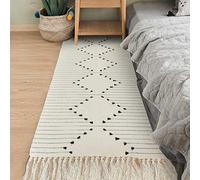 Yugarlibi Woven Cotton Area Rug 60x130cm, Bohemian Small White Runner Rug Carpet with Tassels, Indian Washable Hand Woven Rug for Bedroom Kitchen Bathroom 24x51 Inches