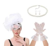 YUGSHNKFC 1920s Cosplay Costume Accessories For Women Halloween Costume With Feathered Veil Headpiece Necklace Earring Gloves Feather Hairpin Set