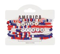 YUGSHNKFC Set Of 6 July 4th Themed Crystal Glass Set Americans Flag Designs Elastic Wrist Jewelry Statement Pieces Beaded Bracelets
