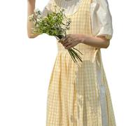 YUGSHNKFC Women Vintage Checkered Plaids Apron For Kitchen Cooking Baking Gardening Florist Overall Side Tie Split Pinafore Dress